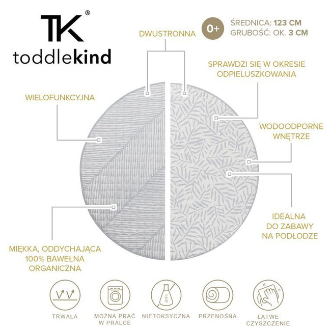 TODDLEKIND Mata do zabawy z bawełny organicznej dwustronna nieprzemakalna Nappy Free Playmat Stone