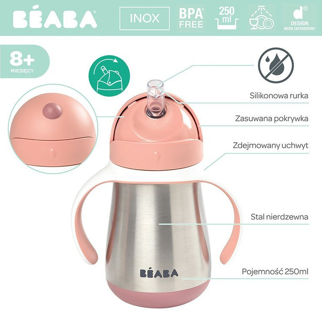 Beaba Butelka - kubek niekapek stalowa ze słomką 250 ml old pink