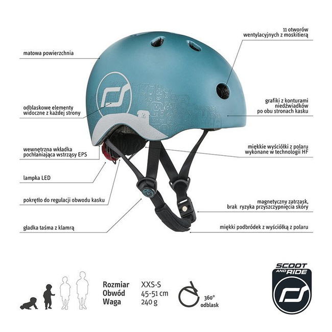 SCOOTANDRIDE Kask z odblaskami XXS-S dla dzieci 1-5 lat Steel Dog