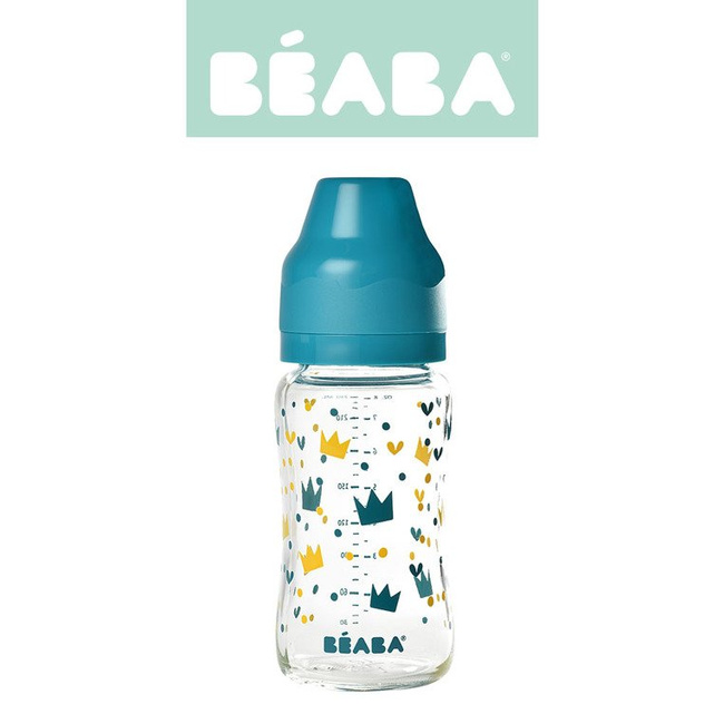 Beaba Butelka szklana szerokootworowa 240 ml Yellow / Blue Crown