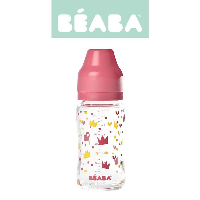 Beaba Butelka szklana szerokootworowa 240 ml Yellow / Pink Crown