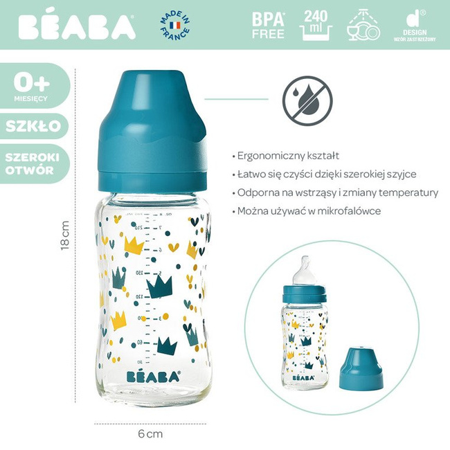 Beaba Butelka szklana szerokootworowa 240 ml Yellow / Blue Crown